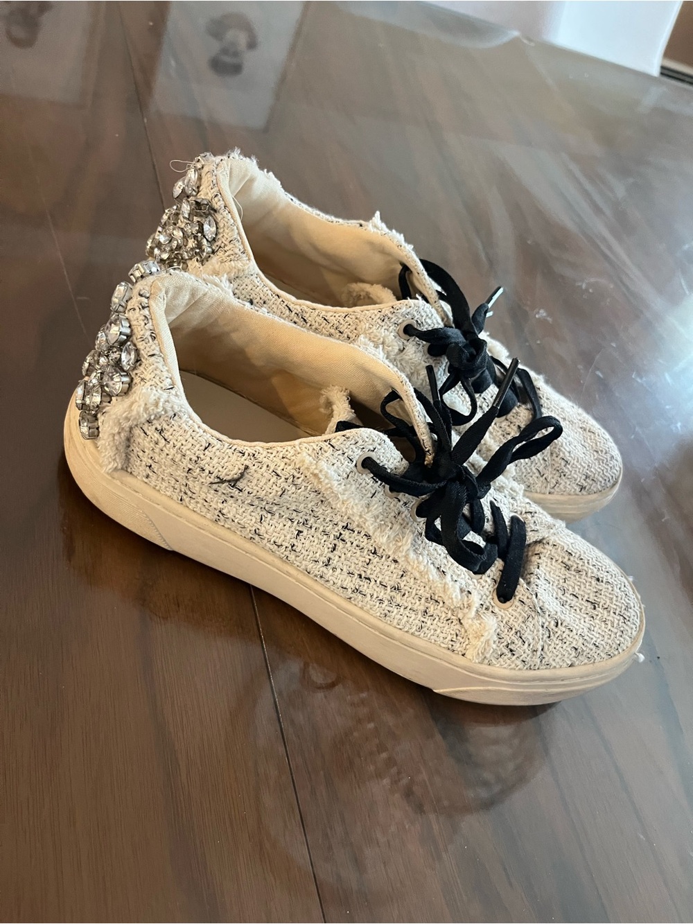 Zara Womens Tweed Crystal-Embellished Sneakers - Black Laces
